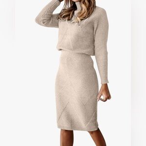 Elegant Beige Knit Sweater and Skirt Set